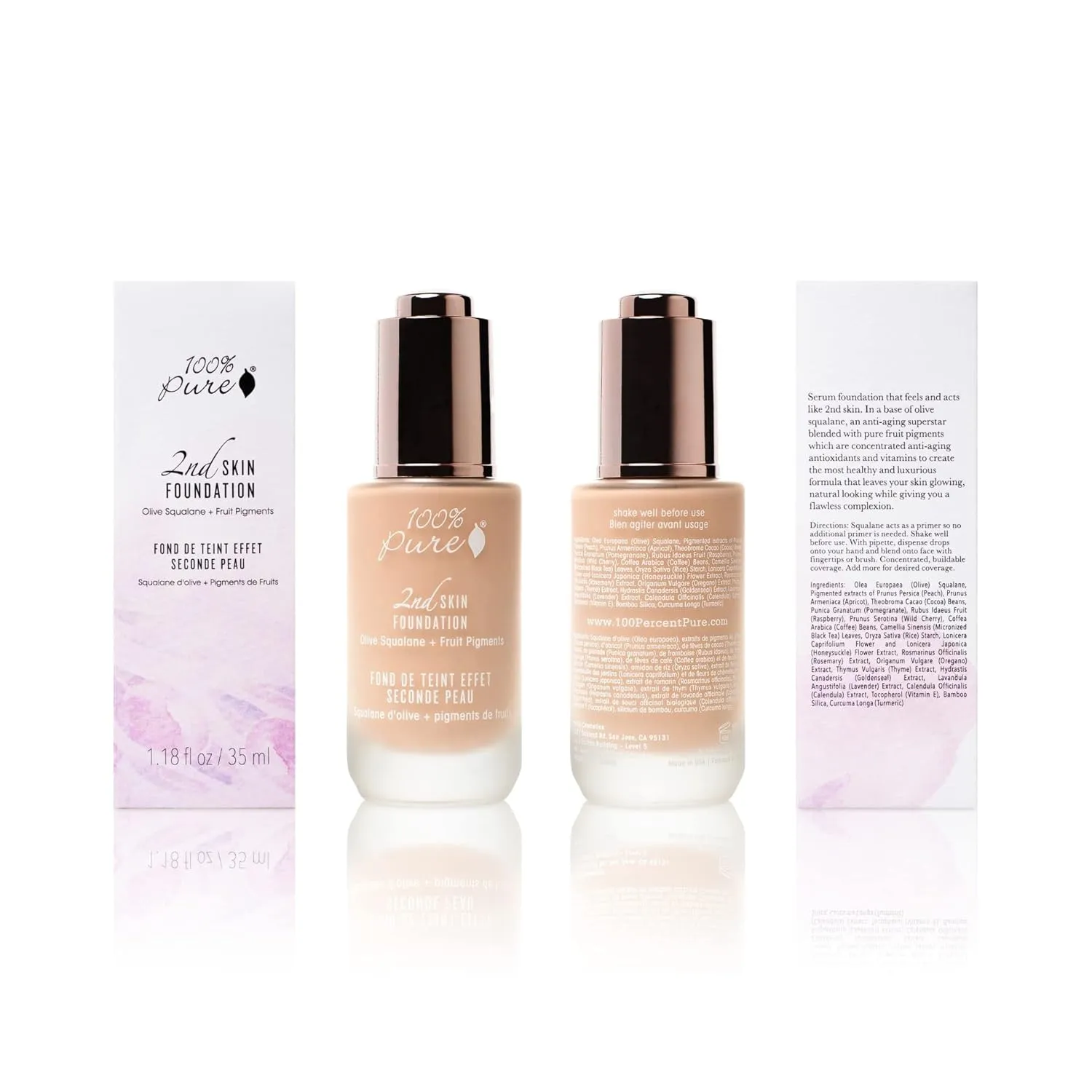 100% PURE 2nd Skin Foundation, Shade 4, Full Coverage, Lightweight, Blendable Formula, Satin Finish, Absorbs Oil, Anti-Aging, Natural, Vegan Makeup (Warm w/Olive Undertone) - 1.18 Fl Oz