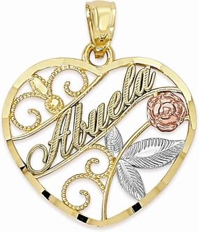 10k Real Solid Tricolor Gold Abuela Pendant for Necklace, Heart Jewelry, Spanish Mother's Day Gift for Grandma