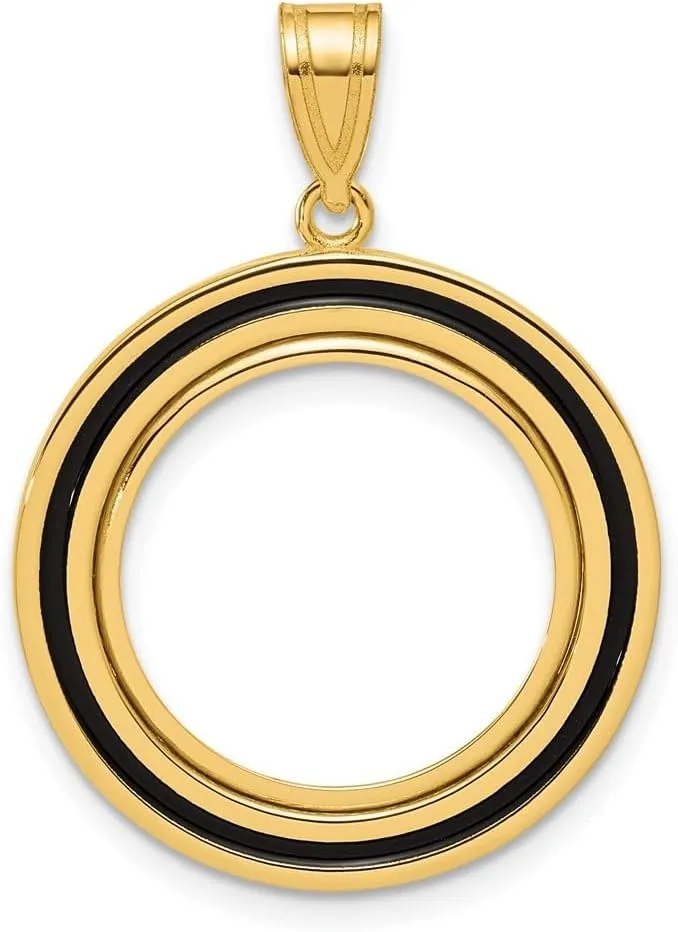 14K Yellow Gold Polished Black Epoxy Centerline with 16.5mm Prong Coin Bezel Charm Pendant (L- 31.9mm, W-23.15mm)