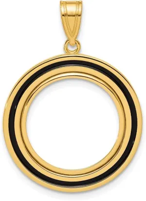 14K Yellow Gold Polished Black Epoxy Centerline with 16.5mm Prong Coin Bezel Charm Pendant (L- 31.9mm, W-23.15mm)