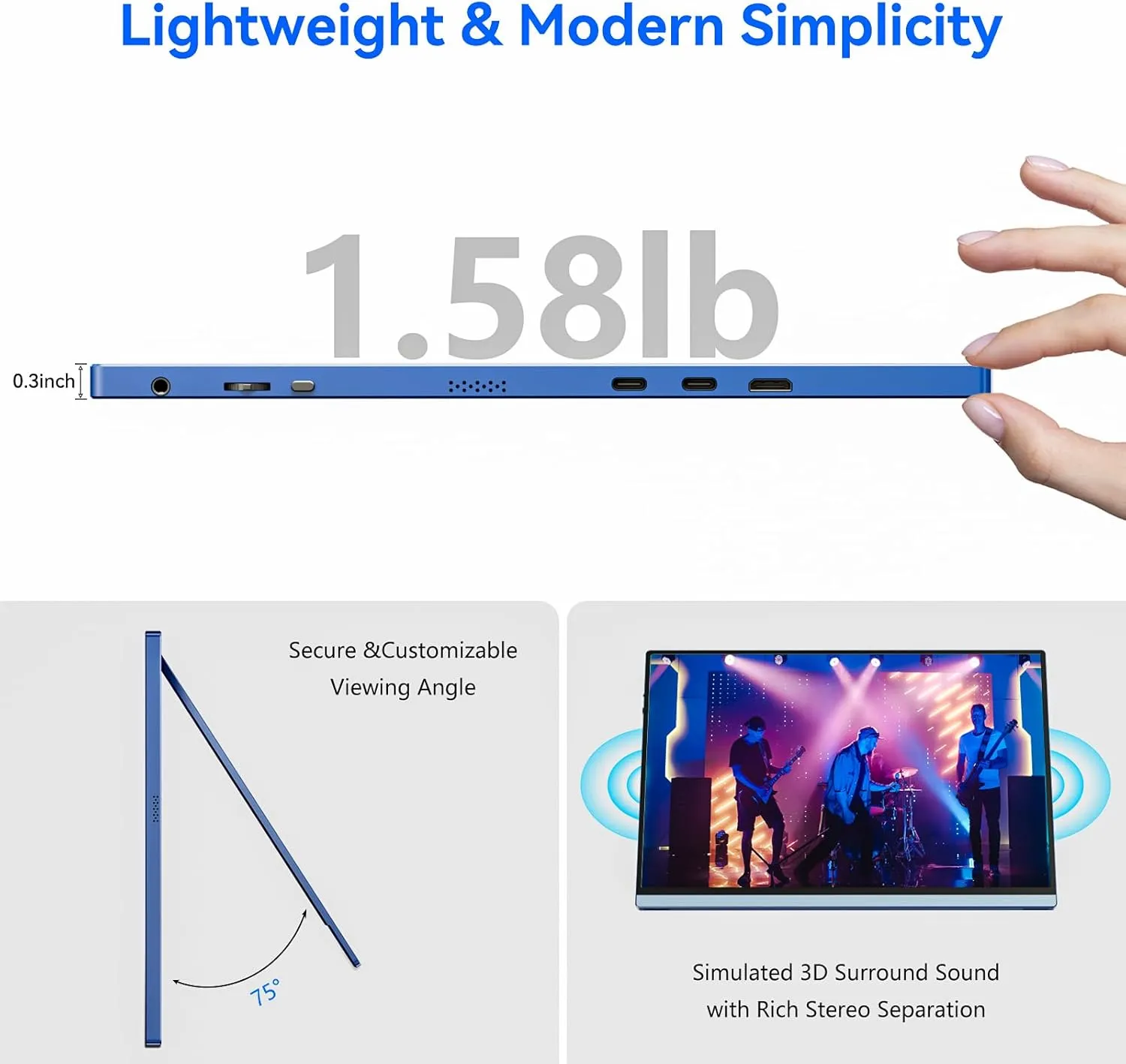 16Inch Portable Monitor for Laptop, 1920x1200P FHD IPS 16:10 External Display, 100% sRGB Aluminum Stand, USB-C/Mini HDMI, Use for PC, Phone, Office