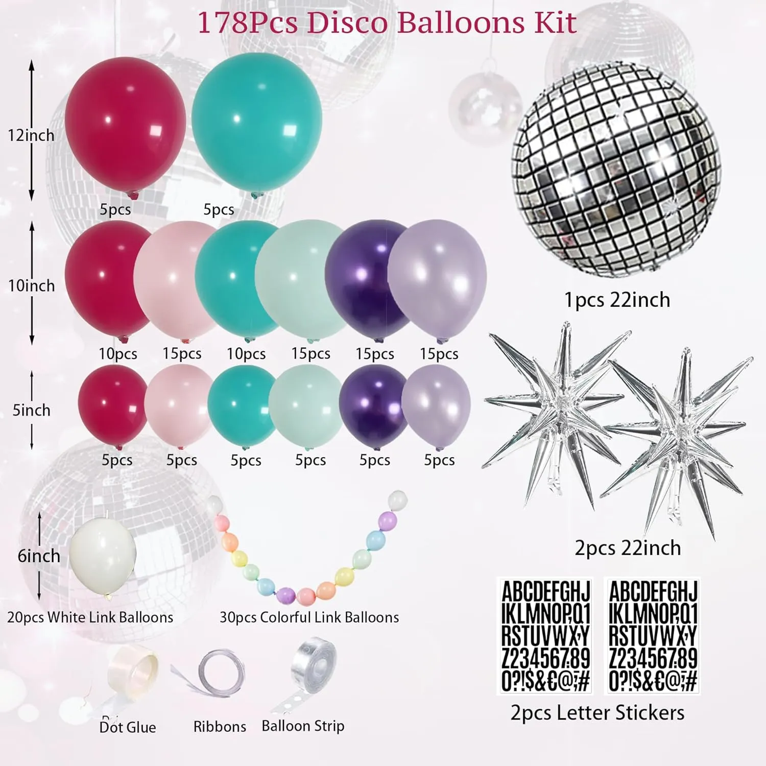 178pcs Pink Purple Blue Balloon Garland Disco Ball Custom Bracelet Banner Kits For Teenage Party Decorations Music Fans Princess Themed Photo Backdrop Birthday,Bachelorette Party