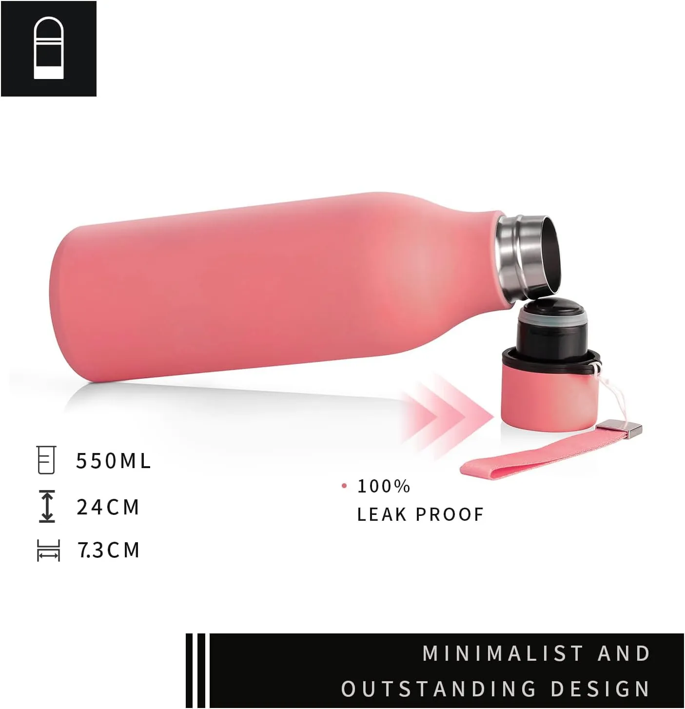 18.5oz Stainless Steel Lightweight Metal Water Bottle for School, Double Wall Vacuum Insulated Daily Reusable Water Bottle with Carrying Strap,BPA Free(Dark Pink,18.5oz)