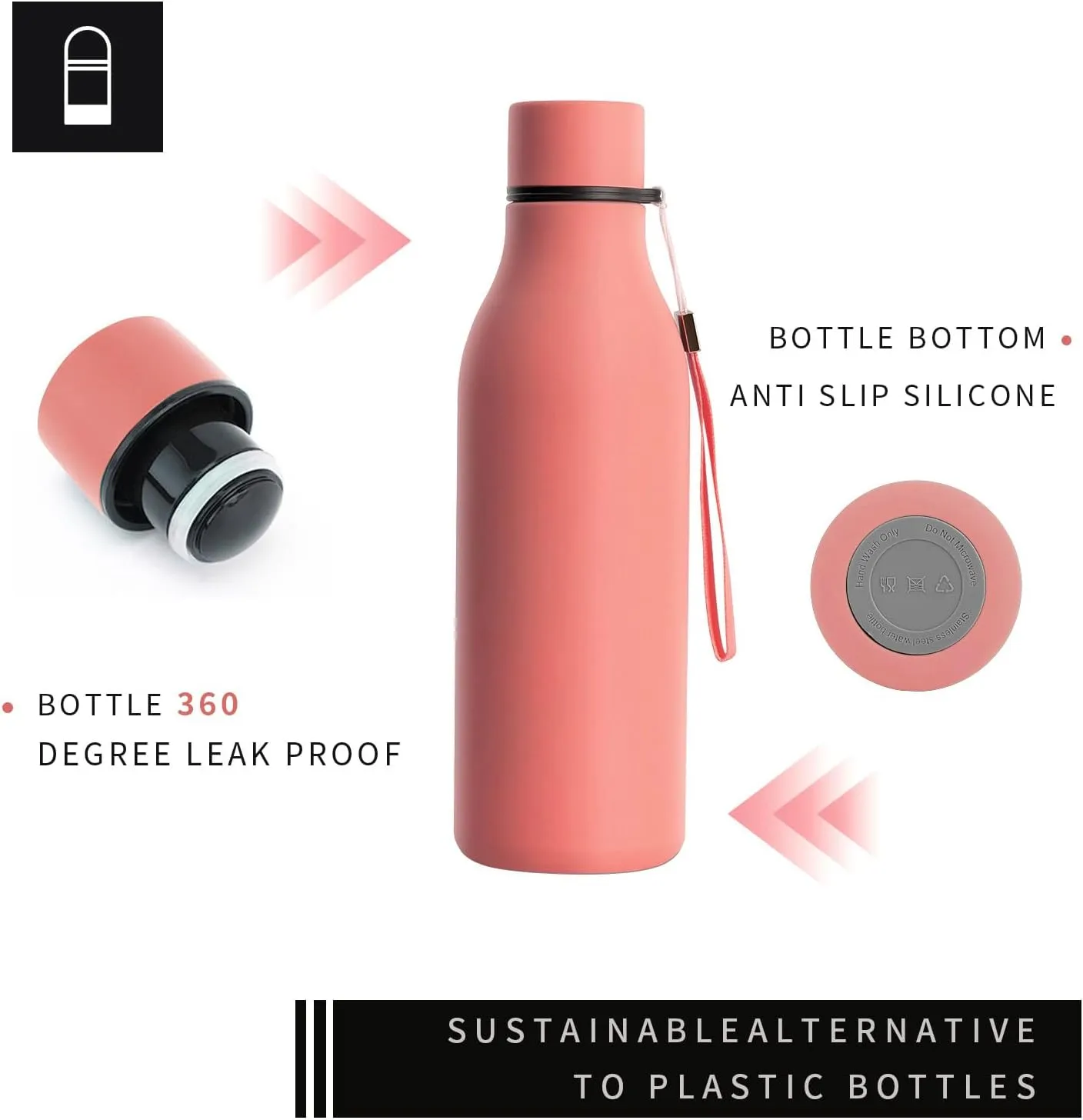 18.5oz Stainless Steel Lightweight Metal Water Bottle for School, Double Wall Vacuum Insulated Daily Reusable Water Bottle with Carrying Strap,BPA Free(Dark Pink,18.5oz)