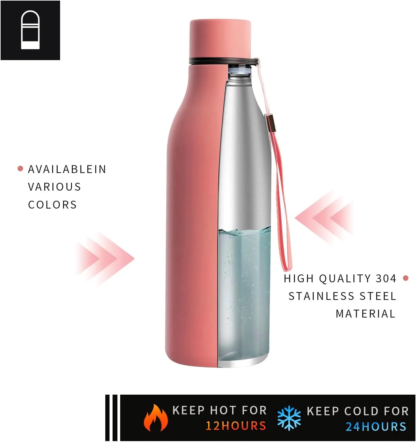 18.5oz Stainless Steel Lightweight Metal Water Bottle for School, Double Wall Vacuum Insulated Daily Reusable Water Bottle with Carrying Strap,BPA Free(Dark Pink,18.5oz)