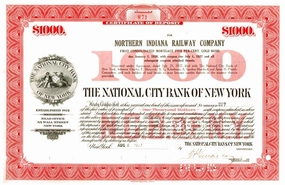 1927 ABNCo 1927 NAT CITY BANK of NY (NOW CITIBANK!!) $1000 BOND for NO. INDIANA RWY! MINT LOW # HISTORIC TREASURE! $1000 Seller Uncirculated