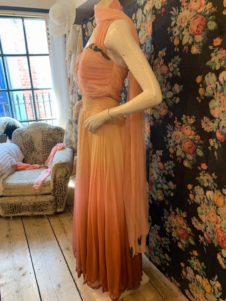 1950s chiffon dip dye peach dress