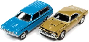 1967 Chevy Camaro SS Gold Metallic and 1972 Chevy Vega Stinger Wagon Blue YENKO Set of 2 Cars 1/64 Diecast Model Cars by Johnny Lightning JLPK014-JLSP170B
