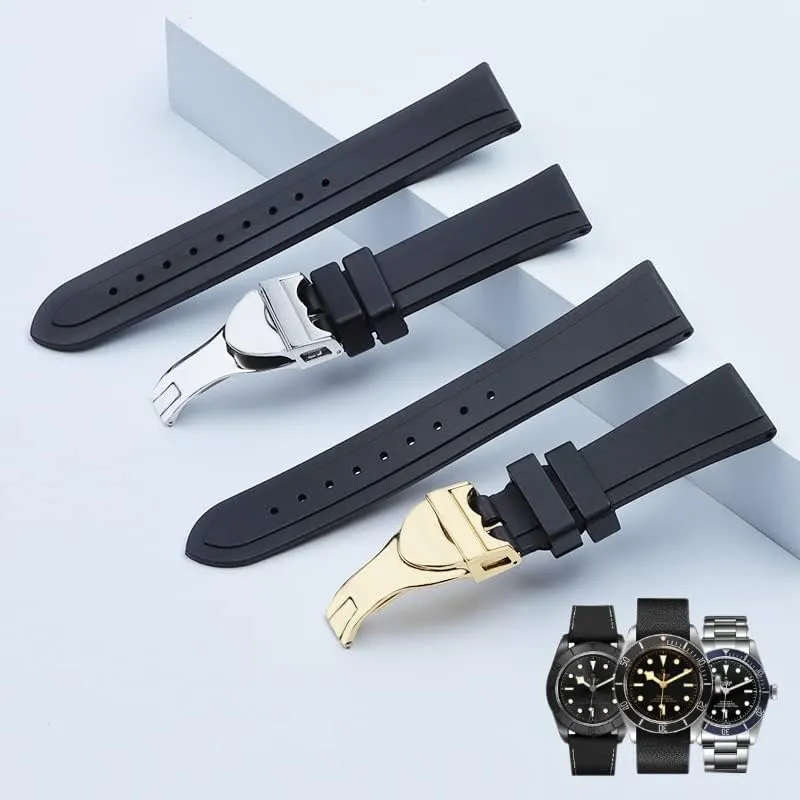 20mm 22mm watchband Black Waterproof Soft Silicone Rubber Wrist Watch Band Silver Gold Clasp buckle For Tudor strap tools Logo