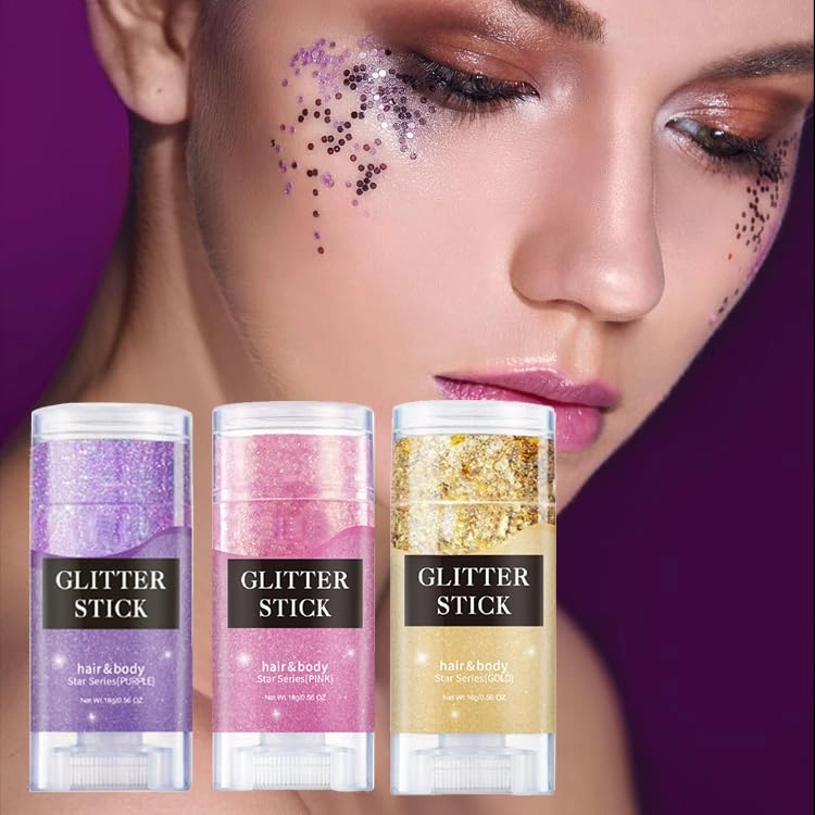 2 Color Face Glitter Stick,Holographic Sequins Paint Sparkling Body Glitter Gel Makeup for Women. (Pink and Gold face Glitter Stick)
