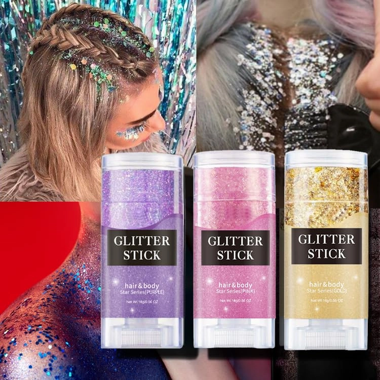 2 Color Face Glitter Stick,Holographic Sequins Paint Sparkling Body Glitter Gel Makeup for Women. (Pink and Gold face Glitter Stick)
