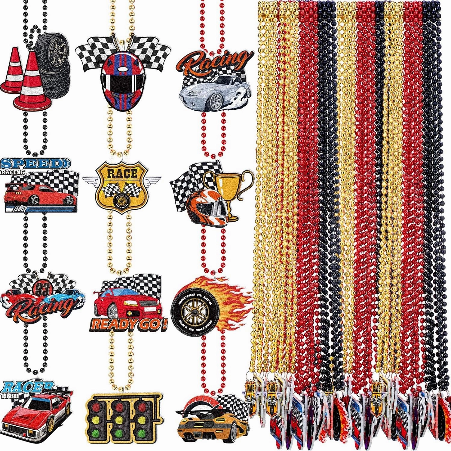 36 Pcs Race Car Beaded Necklaces Bulk Racing Car Theme Party Favor Gold Black Red Racecar Necklaces Photo Props for Birthday Baby Shower Party Supplies