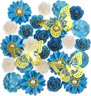 39 Pcs Graduation Cap Decorations Kit Including 25 Rose Heads Paper Flowers 12 3D Gold Butterfly Stickers 1 Self Adhesive Pearl 3 Rhinestones Stickers for DIY Graduation Cap