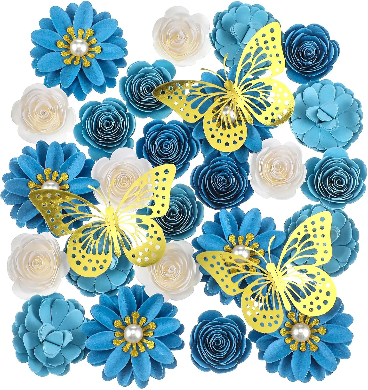 39 Pcs Graduation Cap Decorations Kit Including 25 Rose Heads Paper Flowers 12 3D Gold Butterfly Stickers 1 Self Adhesive Pearl 3 Rhinestones Stickers for DIY Graduation Cap