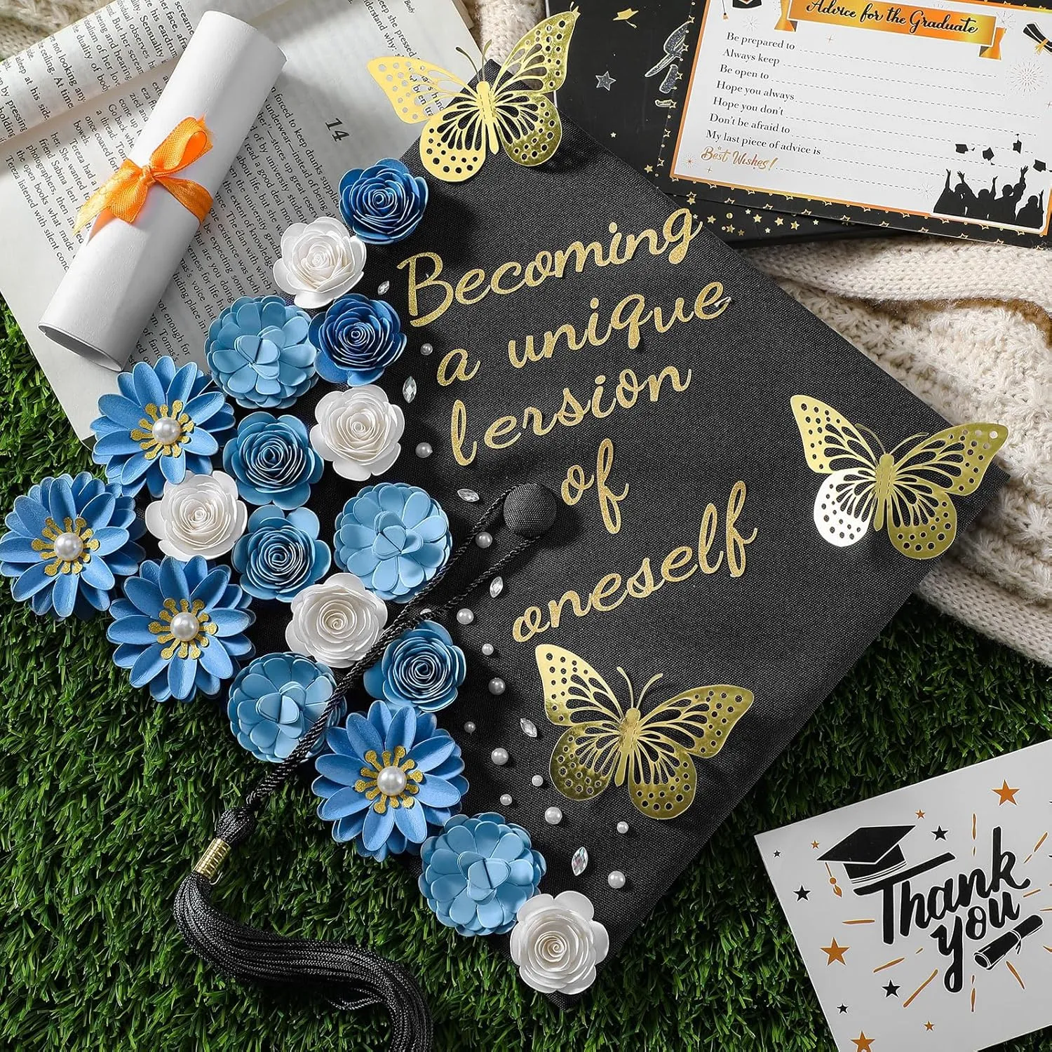 39 Pcs Graduation Cap Decorations Kit Including 25 Rose Heads Paper Flowers 12 3D Gold Butterfly Stickers 1 Self Adhesive Pearl 3 Rhinestones Stickers for DIY Graduation Cap