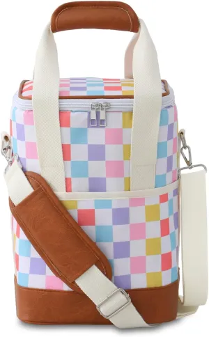 4 Bottle Wine Tote Bag - Leakproof & Insulated Wine Carrier Travel Padded Wine Cooler Bag with Adjustable Strap, Picnics, Beach & Parties, Stylish Gift for Wine Lovers (Rainbow Gingham)