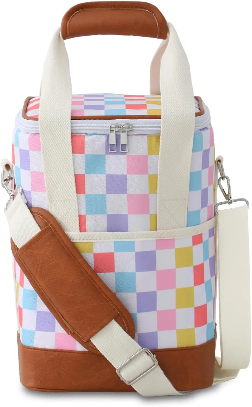 4 Bottle Wine Tote Bag - Leakproof & Insulated Wine Carrier Travel Padded Wine Cooler Bag with Adjustable Strap, Picnics, Beach & Parties, Stylish Gift for Wine Lovers (Rainbow Gingham)