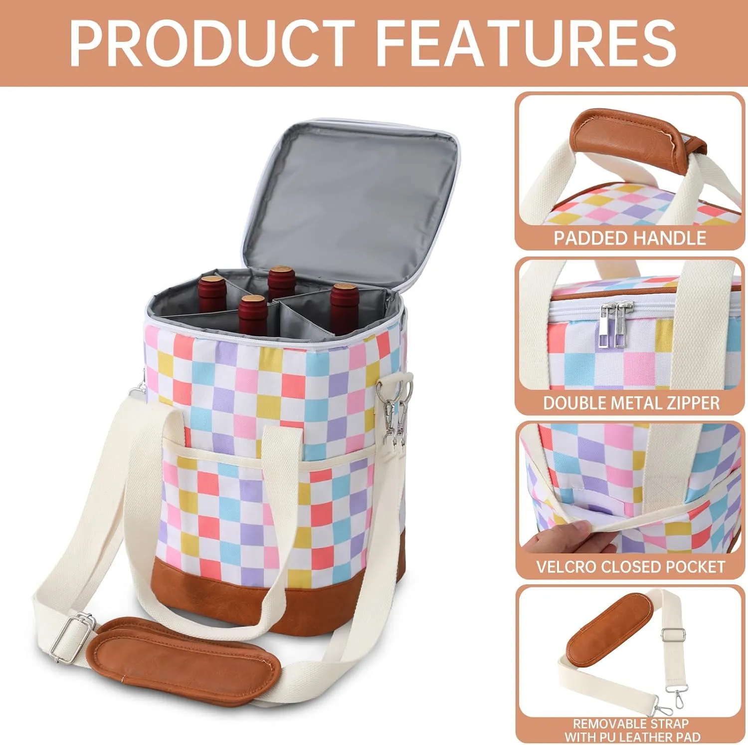 4 Bottle Wine Tote Bag - Leakproof & Insulated Wine Carrier Travel Padded Wine Cooler Bag with Adjustable Strap, Picnics, Beach & Parties, Stylish Gift for Wine Lovers (Rainbow Gingham)