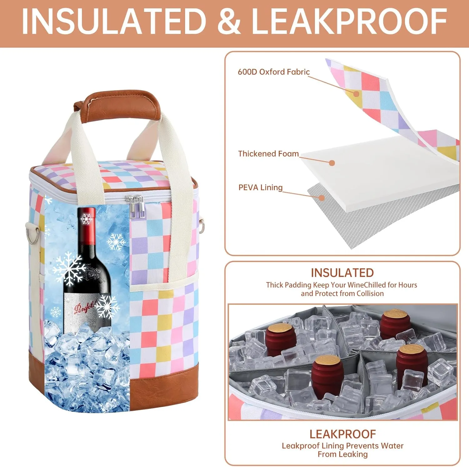 4 Bottle Wine Tote Bag - Leakproof & Insulated Wine Carrier Travel Padded Wine Cooler Bag with Adjustable Strap, Picnics, Beach & Parties, Stylish Gift for Wine Lovers (Rainbow Gingham)