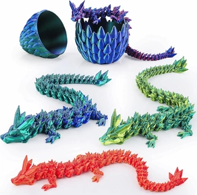 4PCS 12‘’ 3D Printed Dragon with 1 PC Dragon Egg, Mini Mystery Dragon Egg Articulated Crystal Dragon Fidget Toy, Surprise 3D Printed Animals Toy Set for Kid Teen Boy