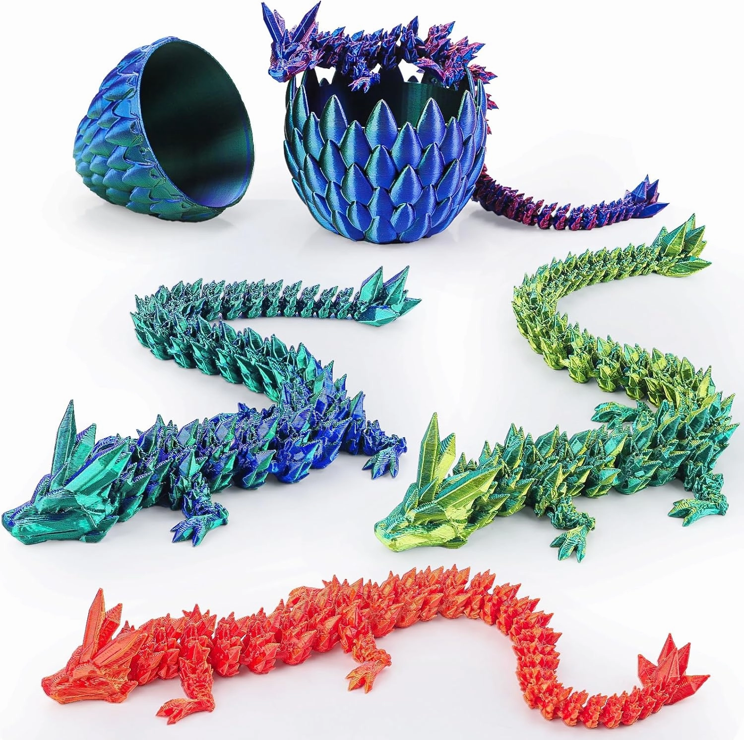 4PCS 12‘’ 3D Printed Dragon with 1 PC Dragon Egg, Mini Mystery Dragon Egg Articulated Crystal Dragon Fidget Toy, Surprise 3D Printed Animals Toy Set for Kid Teen Boy