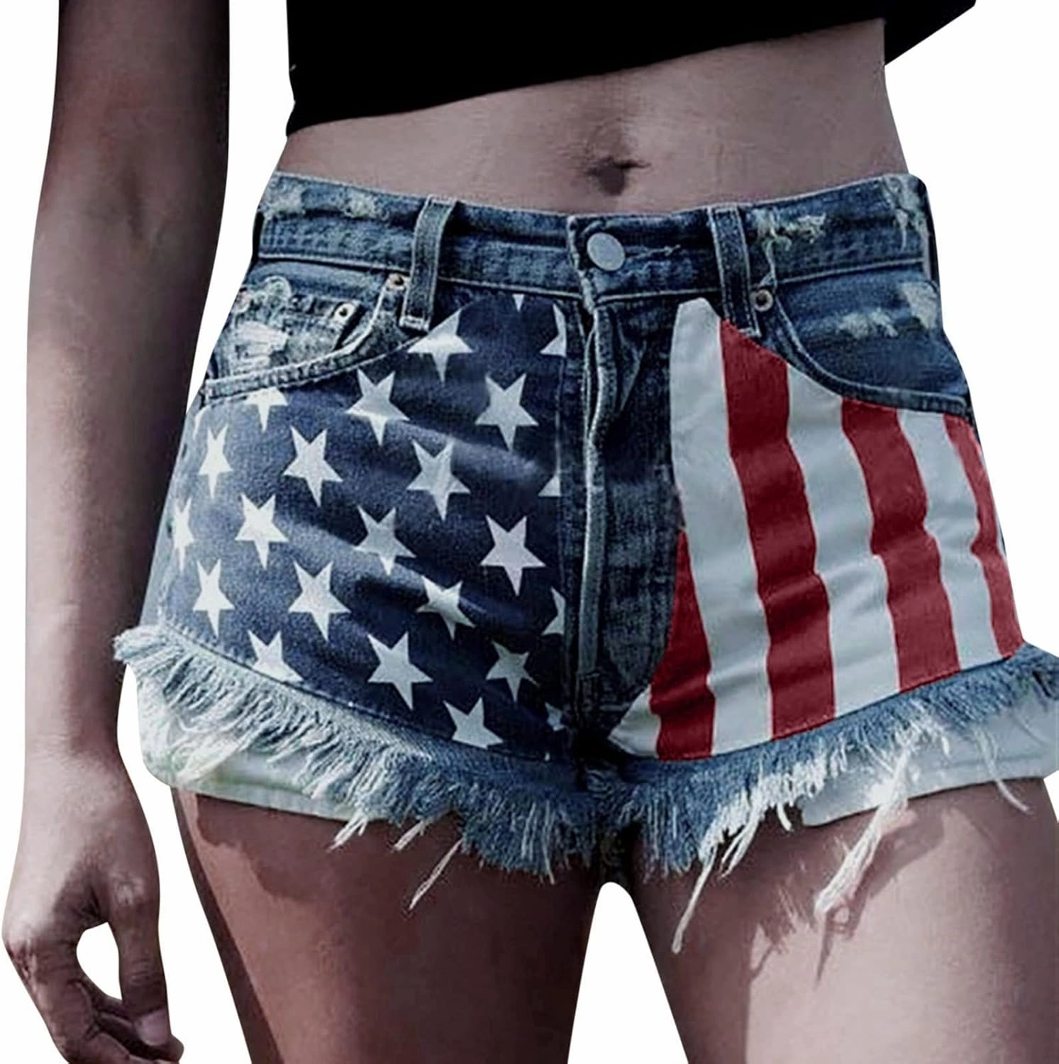 4th of July Shorts for Women American Flag Printed Denim Shorts High Waisted Star Stripes Short Pants