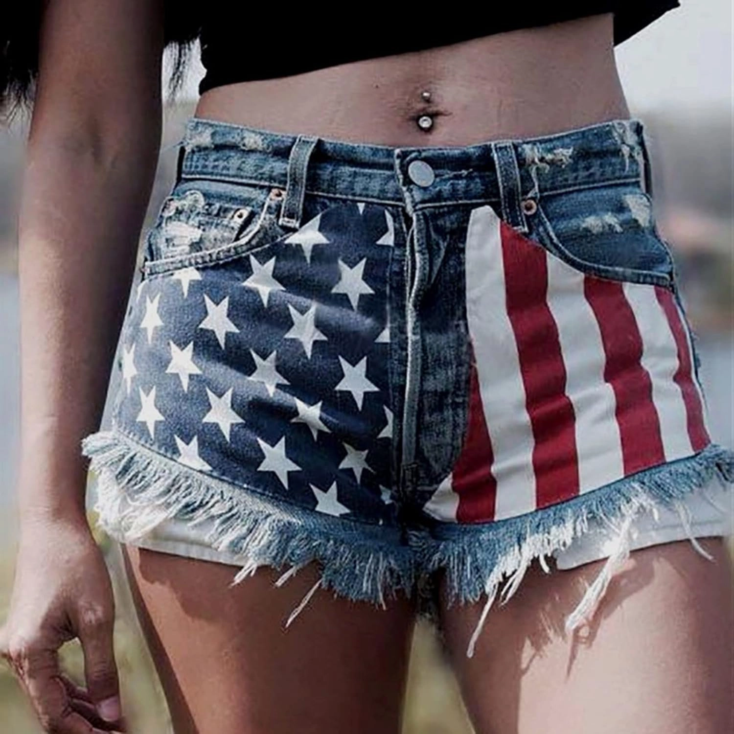 4th of July Shorts for Women American Flag Printed Denim Shorts High Waisted Star Stripes Short Pants