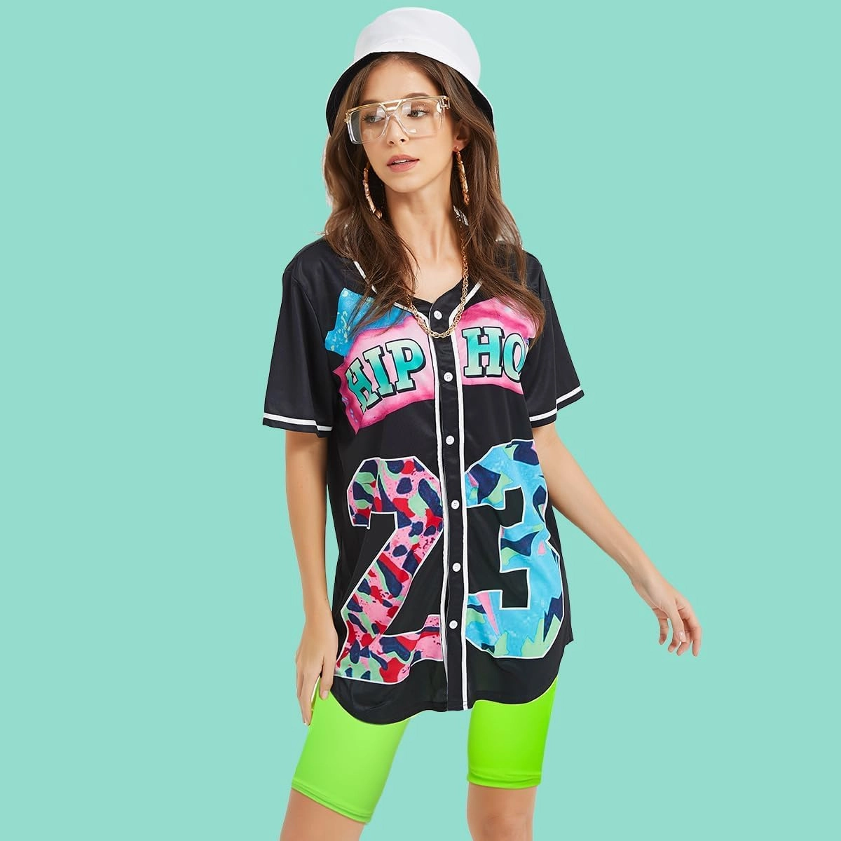 80s 90s Outfit for Women, Unisex Hip Hop Costume Baseball Jersey Shirt Yoga Pants Bucket Hat Gold Chain Rapper Accessories