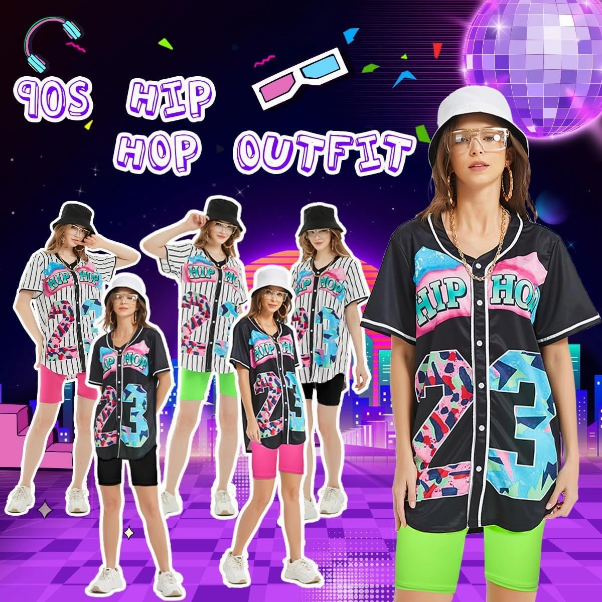 80s 90s Outfit for Women, Unisex Hip Hop Costume Baseball Jersey Shirt Yoga Pants Bucket Hat Gold Chain Rapper Accessories