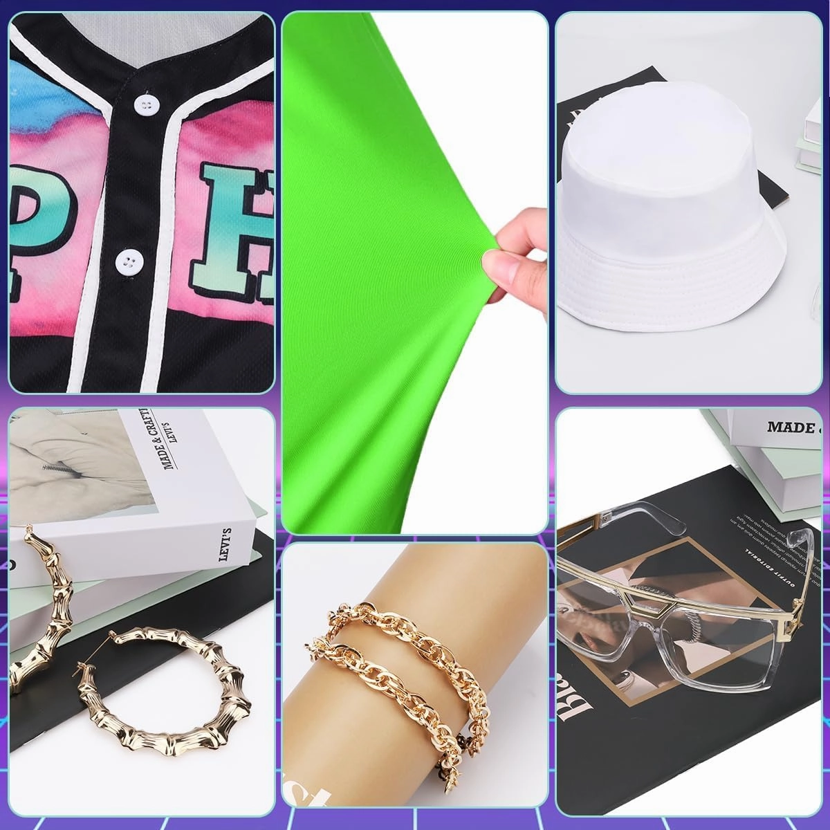 80s 90s Outfit for Women, Unisex Hip Hop Costume Baseball Jersey Shirt Yoga Pants Bucket Hat Gold Chain Rapper Accessories