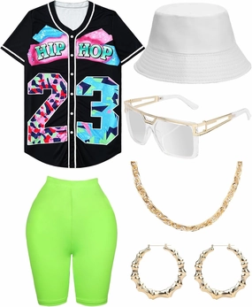 80s 90s Outfit for Women, Unisex Hip Hop Costume Baseball Jersey Shirt Yoga Pants Bucket Hat Gold Chain Rapper Accessories