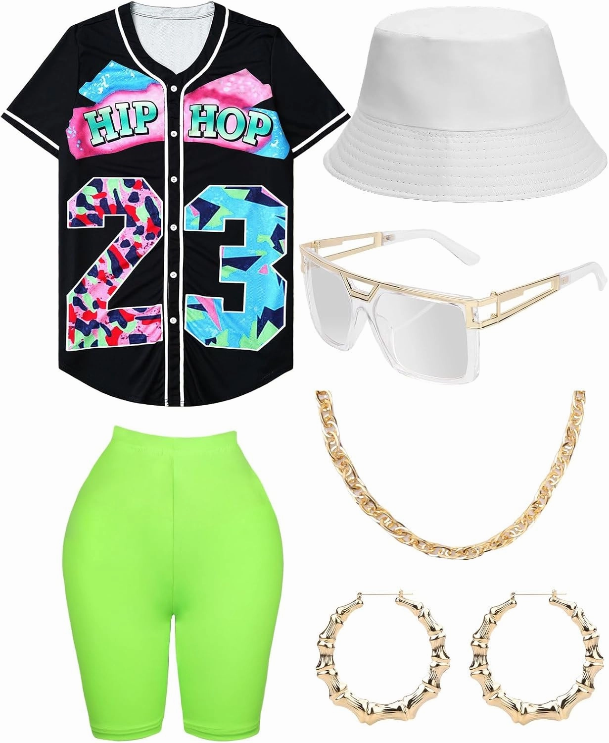 80s 90s Outfit for Women, Unisex Hip Hop Costume Baseball Jersey Shirt Yoga Pants Bucket Hat Gold Chain Rapper Accessories