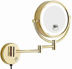 8.5'' Make Up Mirror Shaving Mirrors Wall Mounted with 1x/10x Magnification,Round Shaped Double-Sided Vanity Mirror,Extendable LED Illuminated Wall Mirror(Gold)