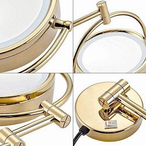8.5'' Make Up Mirror Shaving Mirrors Wall Mounted with 1x/10x Magnification,Round Shaped Double-Sided Vanity Mirror,Extendable LED Illuminated Wall Mirror(Gold)