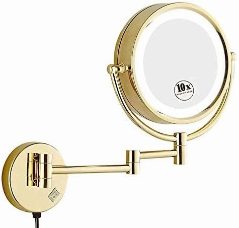 8.5'' Make Up Mirror Shaving Mirrors Wall Mounted with 1x/10x Magnification,Round Shaped Double-Sided Vanity Mirror,Extendable LED Illuminated Wall Mirror(Gold)