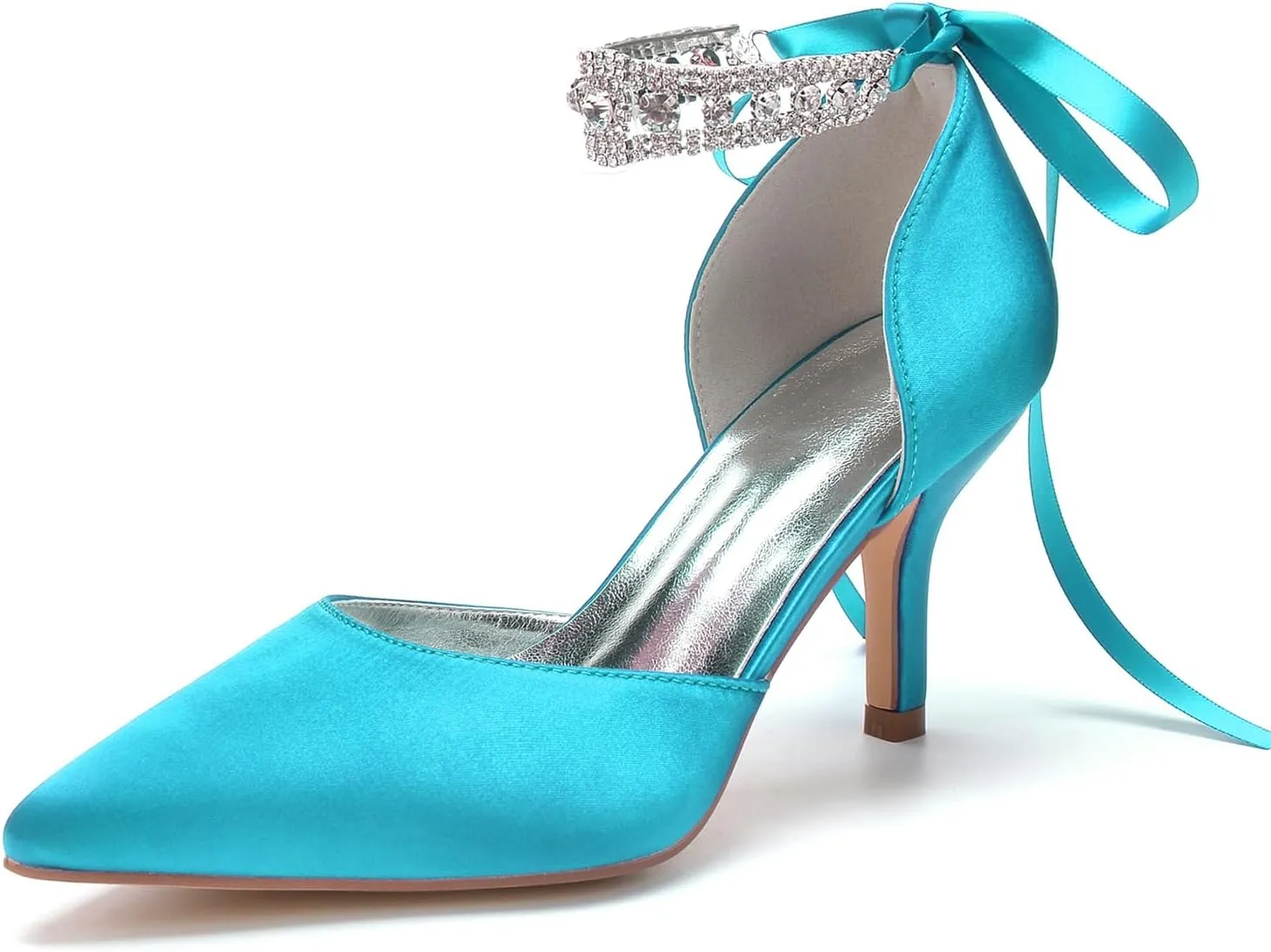 8CM Women's Bridal Stiletto Heel Wedding Crystal Ankle Strap Sandal Shoes Zipper Back Pumps Satin Pointed Toe Formal Party Prom Evening,Blue Green,8.5