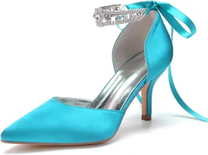 8CM Women's Bridal Stiletto Heel Wedding Crystal Ankle Strap Sandal Shoes Zipper Back Pumps Satin Pointed Toe Formal Party Prom Evening,Blue Green,8.5