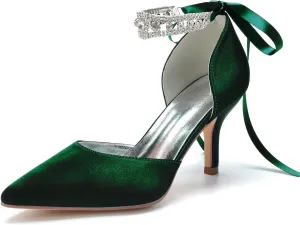 8CM Women's Bridal Stiletto Heel Wedding Crystal Ankle Strap Sandal Shoes Zipper Back Pumps Satin Pointed Toe Formal Party Prom Evening,Dark Green,7
