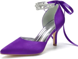 8CM Women's Bridal Stiletto Heel Wedding Crystal Ankle Strap Sandal Shoes Zipper Back Pumps Satin Pointed Toe Formal Party Prom Evening,Dark Purple,10