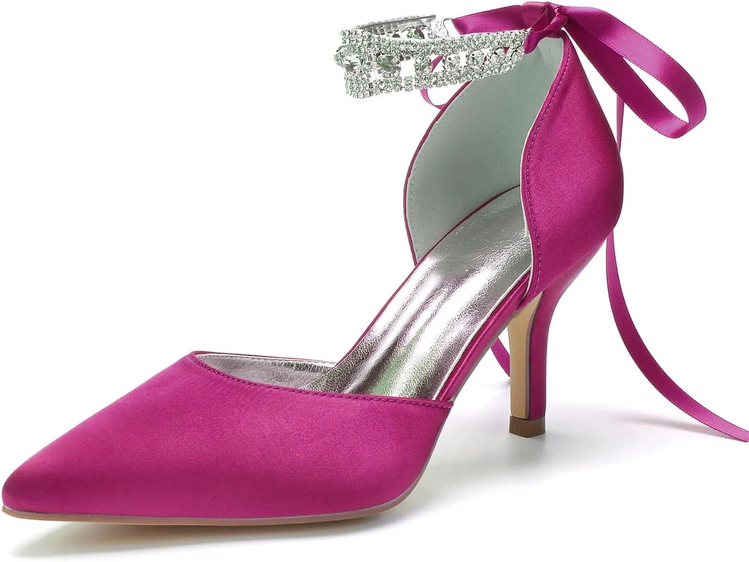8CM Women's Bridal Stiletto Heel Wedding Crystal Ankle Strap Sandal Shoes Zipper Back Pumps Satin Pointed Toe Formal Party Prom Evening,Purple,7