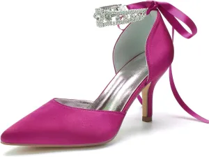 8CM Women's Bridal Stiletto Heel Wedding Crystal Ankle Strap Sandal Shoes Zipper Back Pumps Satin Pointed Toe Formal Party Prom Evening,Purple,7