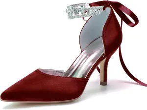 8CM Women's Bridal Stiletto Heel Wedding Crystal Ankle Strap Sandal Shoes Zipper Back Pumps Satin Pointed Toe Formal Party Prom Evening,Wine red,8.5
