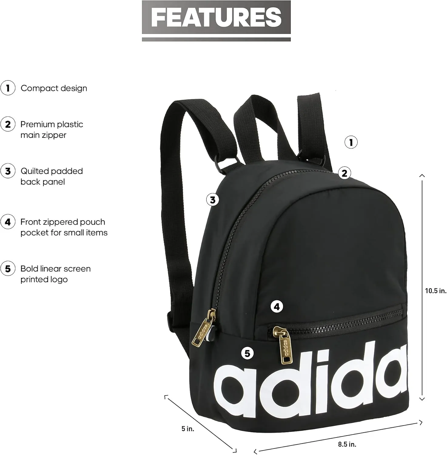 adidas Linear Travel Bag Small Men Womens Mini Backpack, Black/White/Gold, OSFA