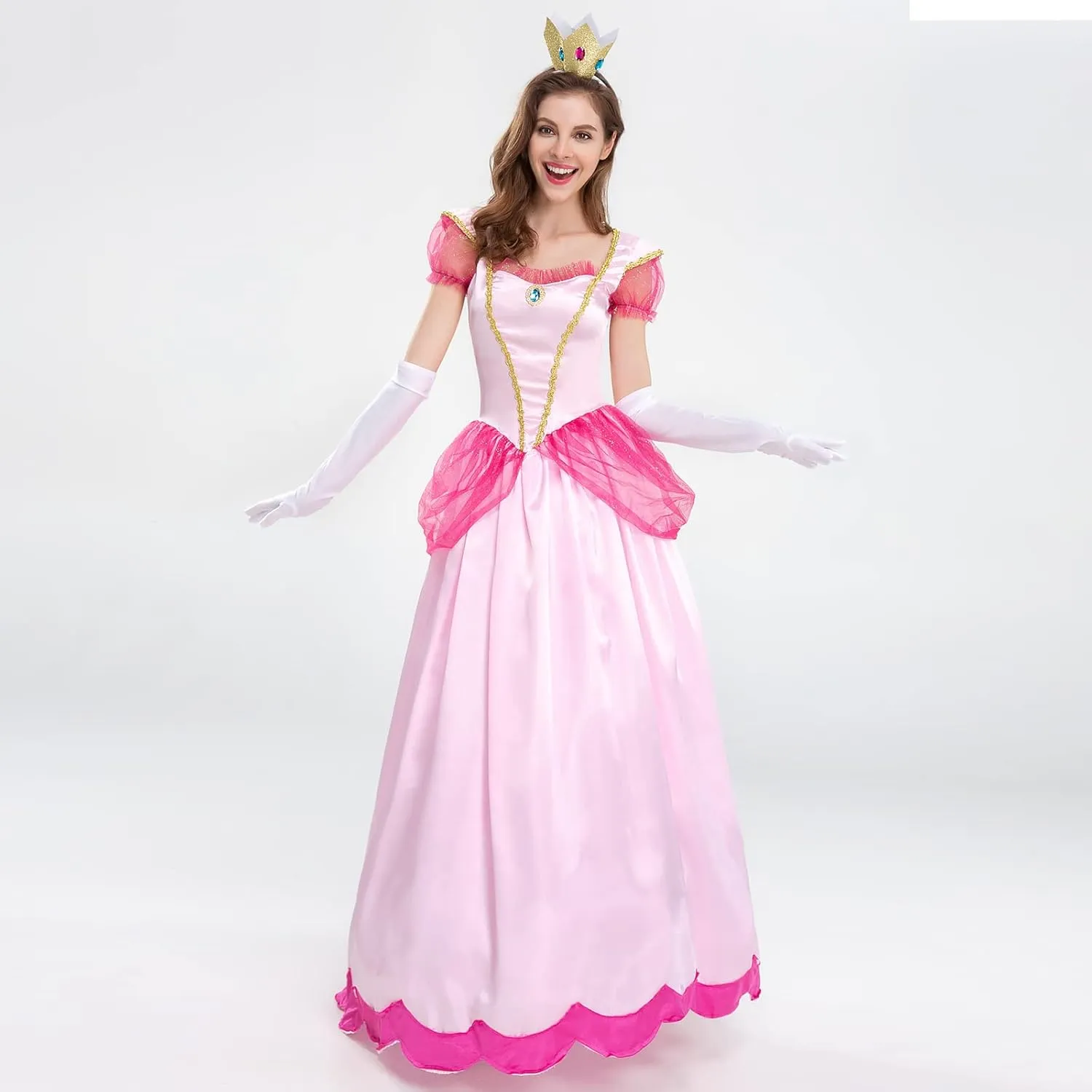 AFAVOM Princess Peach Costume with Crown and Gloves for Adult Women Halloween Birthday Party Dress up Fancy Cosplay Outfit