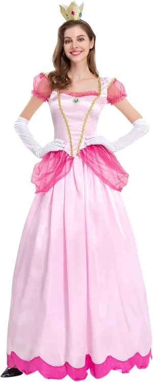 AFAVOM Princess Peach Costume with Crown and Gloves for Adult Women Halloween Birthday Party Dress up Fancy Cosplay Outfit