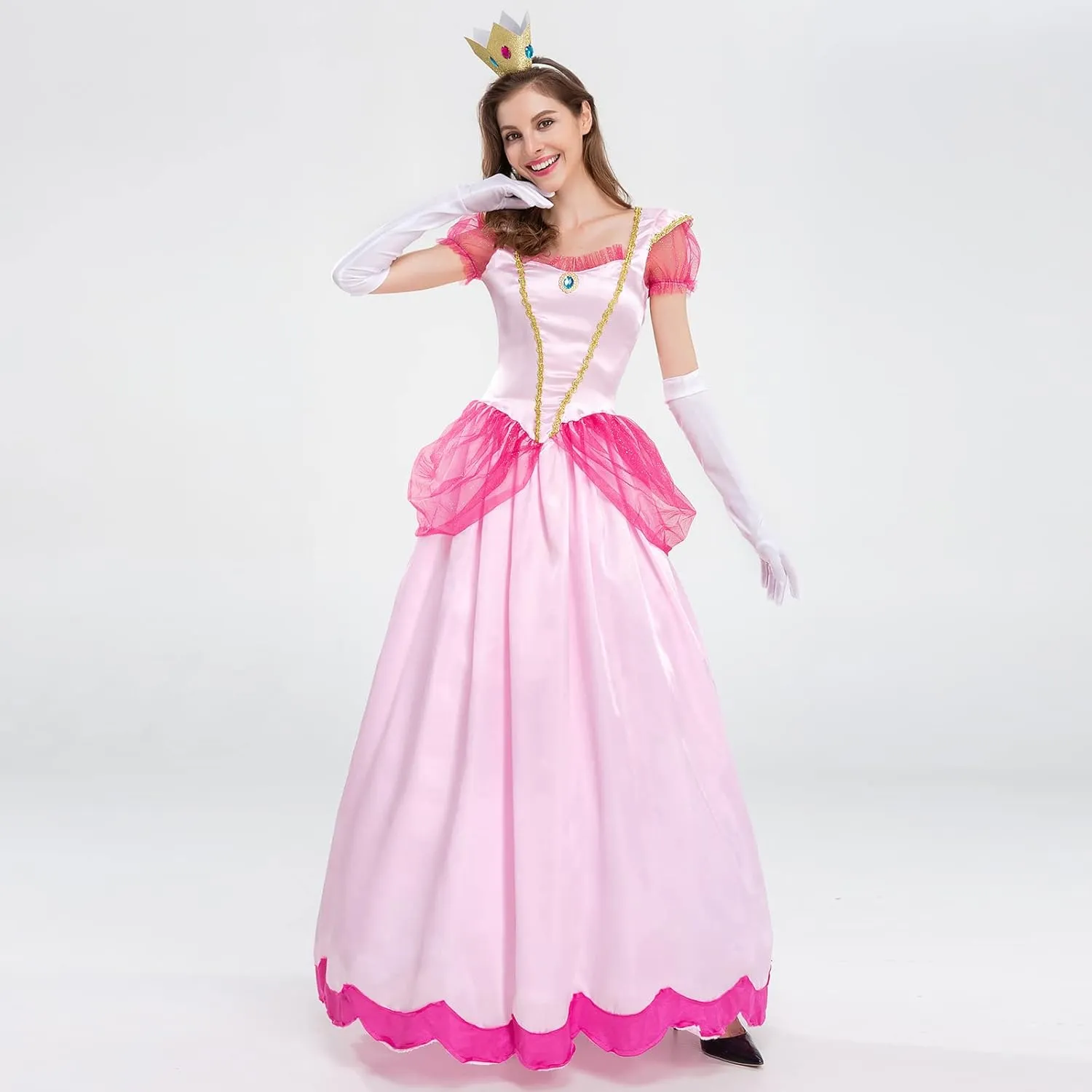 AFAVOM Princess Peach Costume with Crown and Gloves for Adult Women Halloween Birthday Party Dress up Fancy Cosplay Outfit