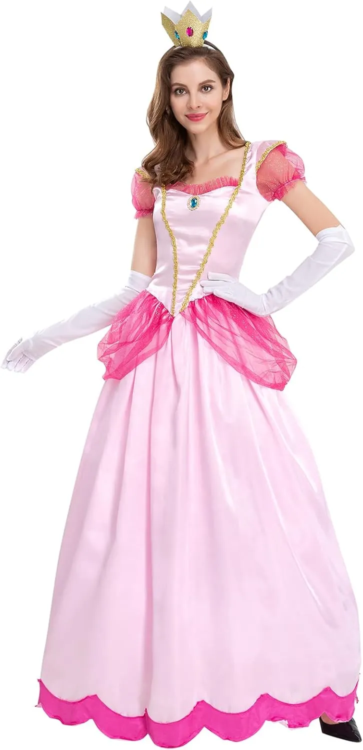 AFAVOM Princess Peach Costume with Crown and Gloves for Adult Women Halloween Birthday Party Dress up Fancy Cosplay Outfit
