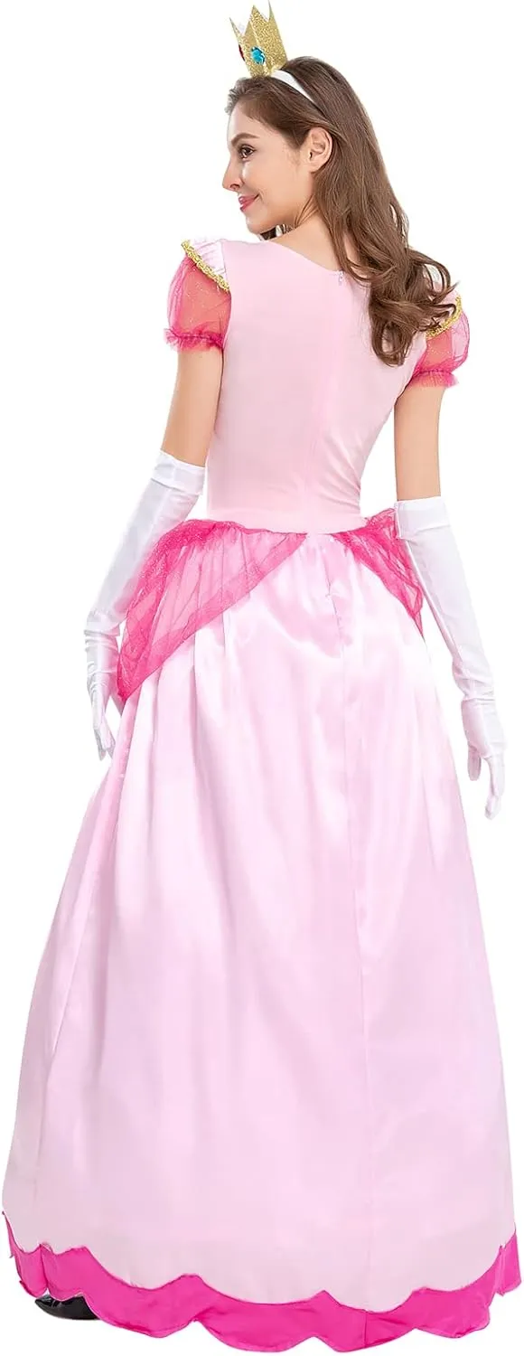 AFAVOM Princess Peach Costume with Crown and Gloves for Adult Women Halloween Birthday Party Dress up Fancy Cosplay Outfit