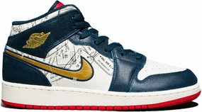 Air Jordan 1 Mid SE Big Kids' Shoes (Armory Navy/Pale Ivory/Sport RED/Metallic Gold)
