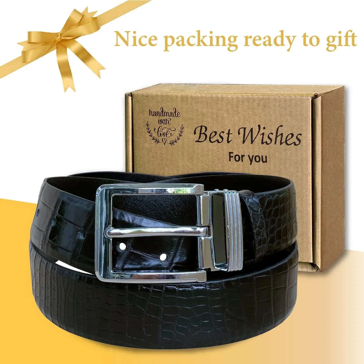 Alligator Leather Belt Men Crocodile Belly 1.5" width Pin Gold Buckle Removal Dress Golf Luxury Premium Handmade